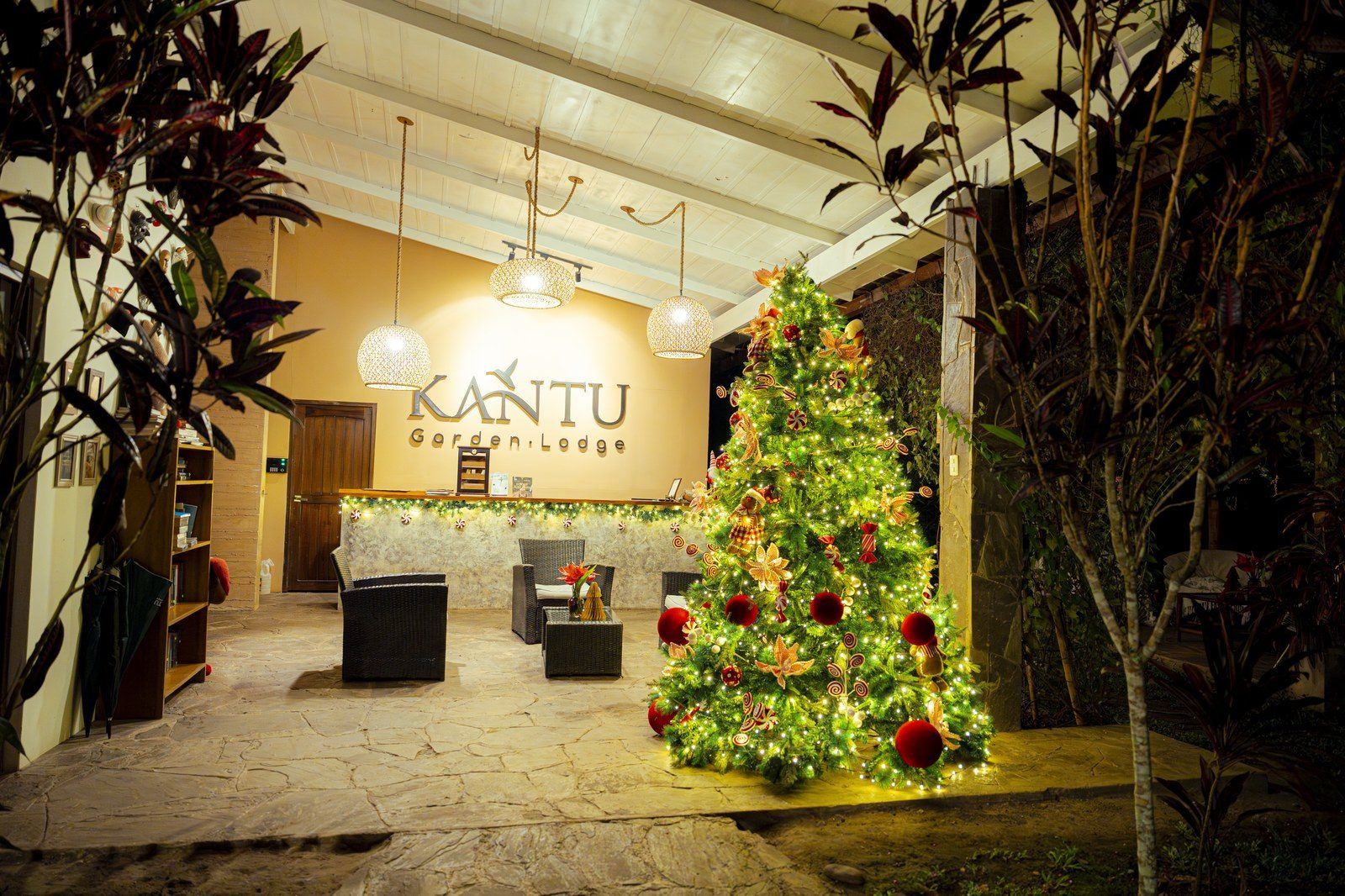 Reception interior with Christmas tree at Kantu Garden Lodge